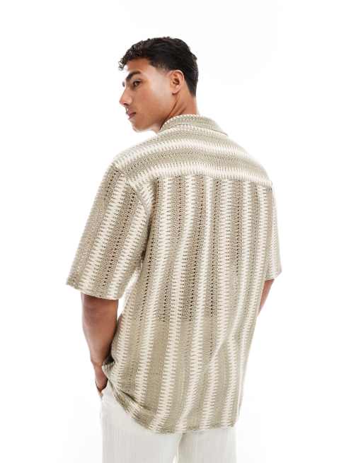 Threadbare textured short sleeve shirt in stone and ecru stripe