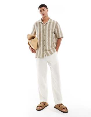 textured short sleeve shirt in stone and ecru stripes-Neutral