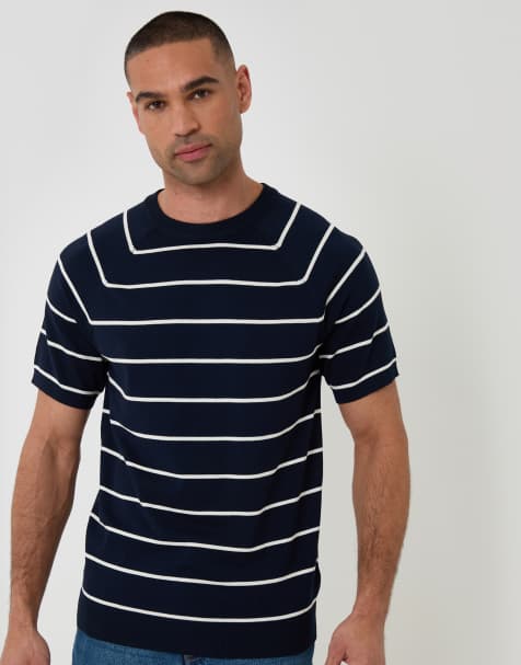 Threadbare Textured stripe knitted t-shirt in navy - view 1
