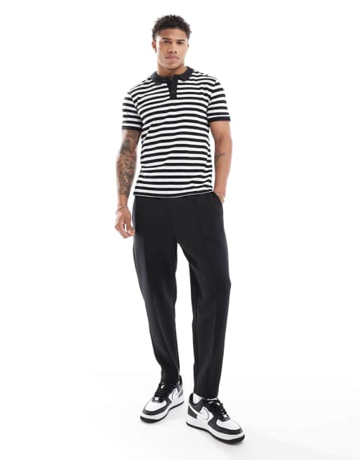 Threadbare textured stripe polo in black | ASOS