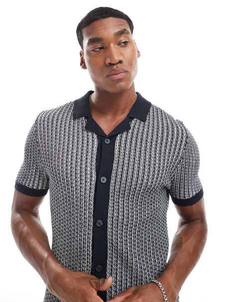 Threadbare Textured stripe revere collar knitted shirt in navy - view 1