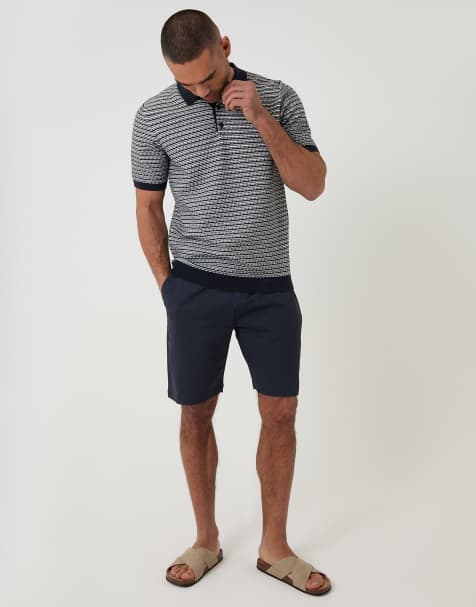 Threadbare Textured stripe short sleeve knitted polo in navy