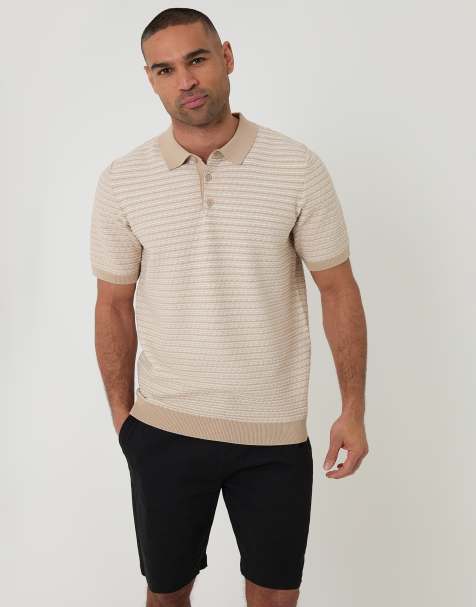 Threadbare Textured stripe short sleeve knitted polo in stone - view 1