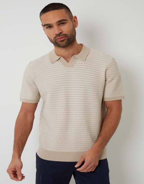 Threadbare Textured stripe trophy neck knitted polo shirt in beige - view 1