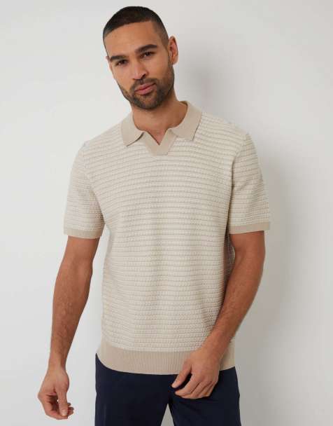 Threadbare Textured stripe trophy neck knitted polo shirt in beige