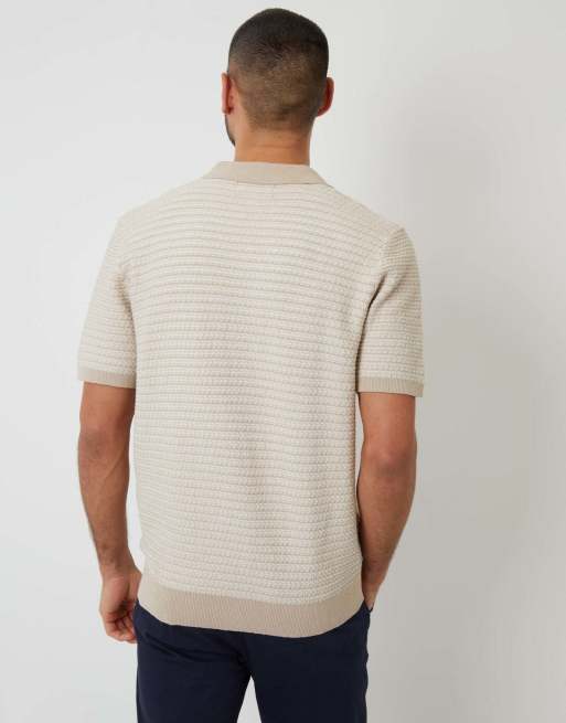 Threadbare Textured stripe trophy neck knitted polo shirt in beige, 2 of 4