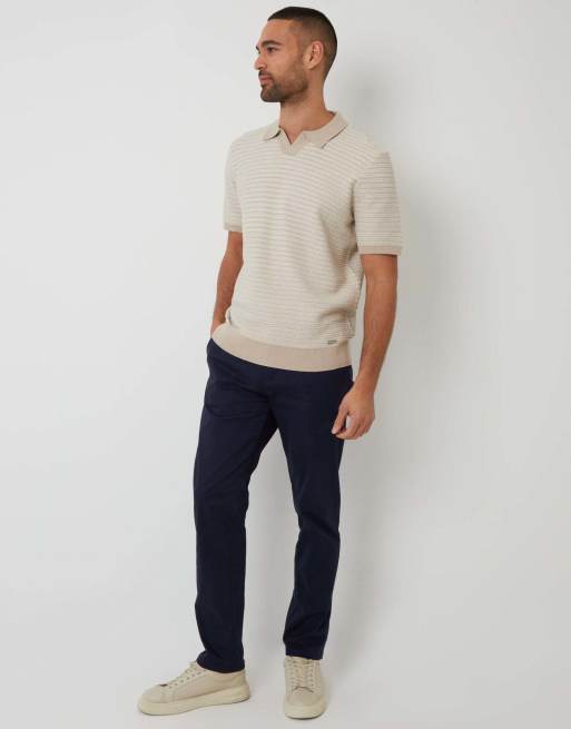 Threadbare Textured stripe trophy neck knitted polo shirt in beige, 4 of 4
