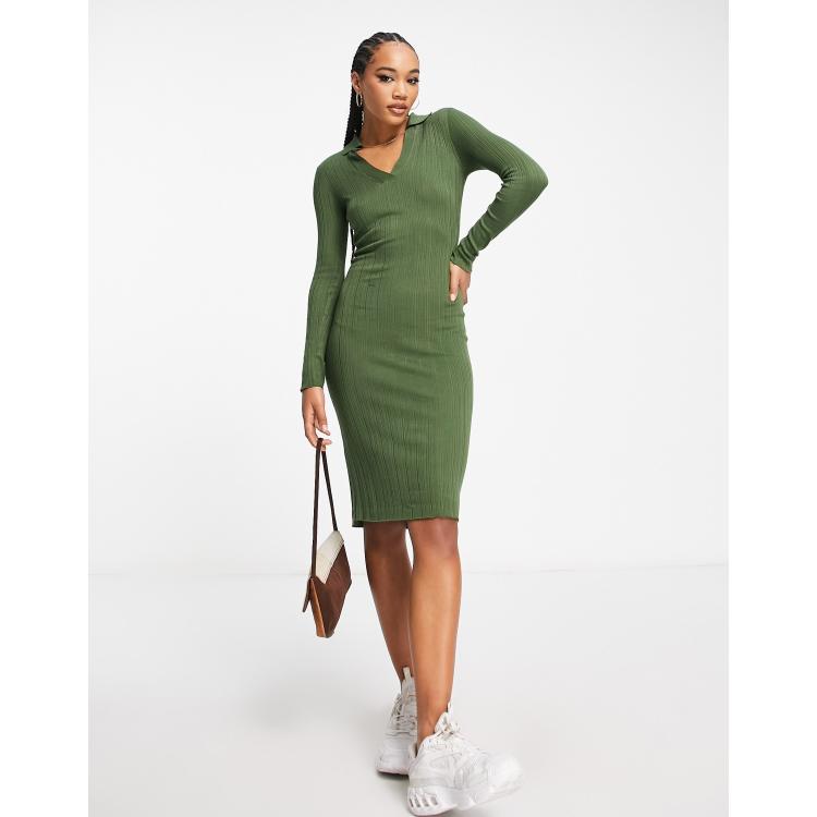 Threadbare Thyme v neck collar midi sweater dress in green | ASOS