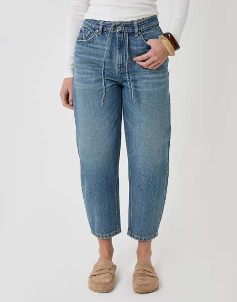 Threadbare Tie belt barrel leg jeans in mid blue - view 1