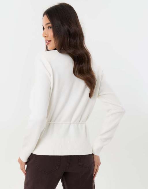 Threadbare Tie detail shoulder pad jumper in white, 2 of 5