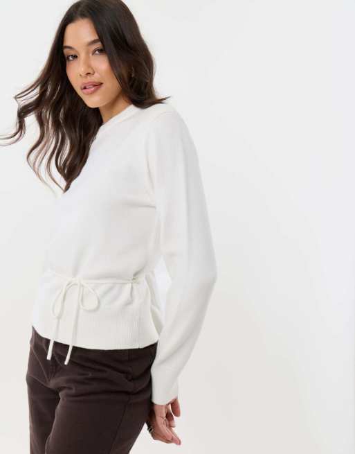 Threadbare Tie detail shoulder pad jumper in white, 5 of 5