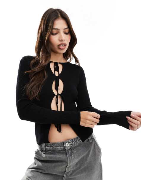 Threadbare tie front cardigan in black - view 1