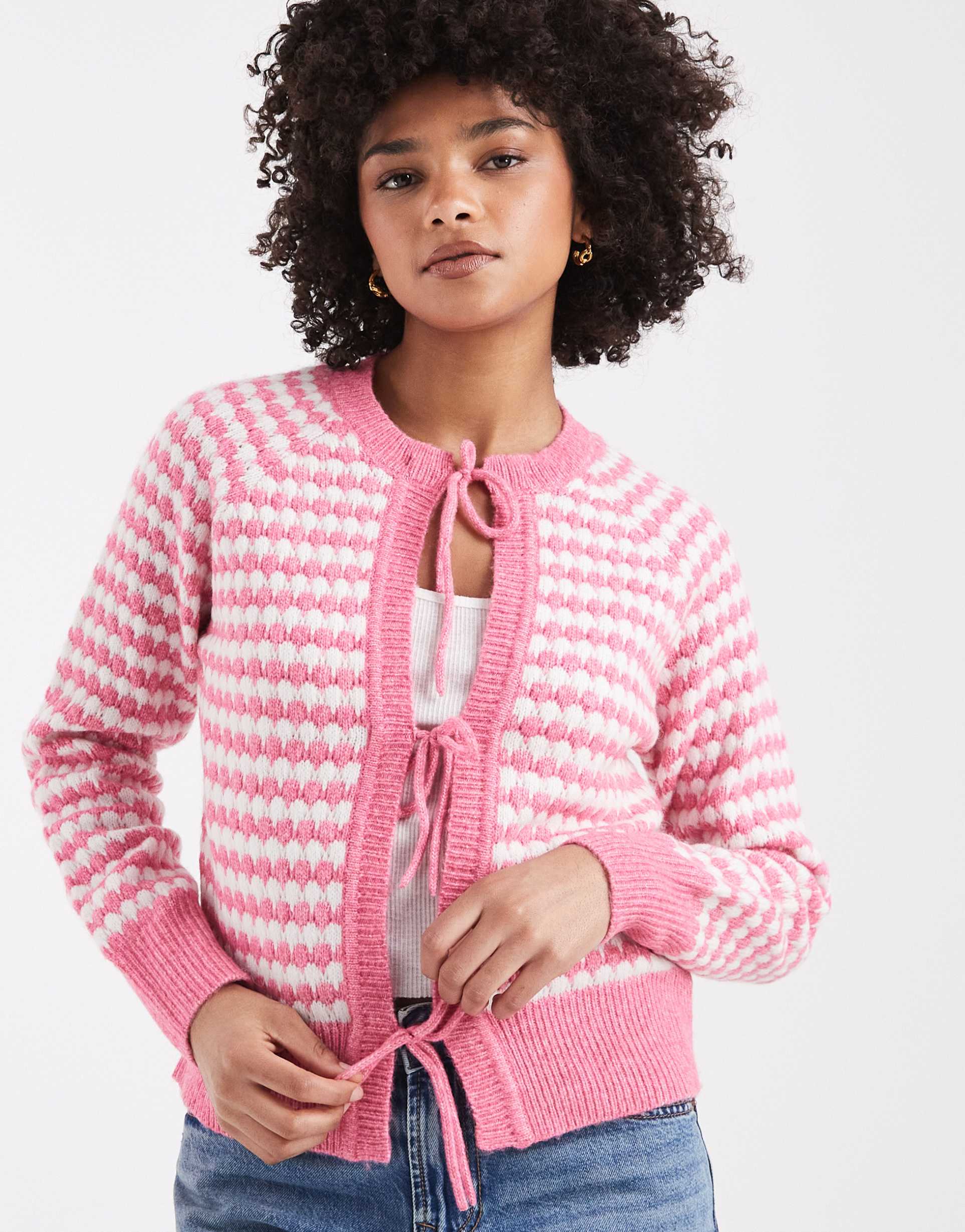 threadbare tie front knit cardigan in pink and white stripe
