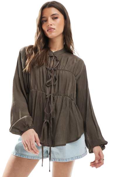 Threadbare tie front long sleeve blouse in brown - view 1