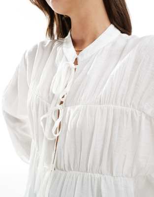 Threadbare Tie Front Long Sleeve Blouse In White