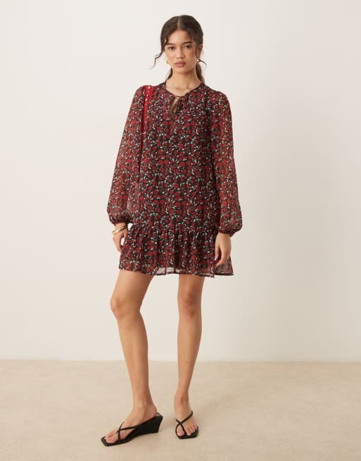 Threadbare Tie front ruffle mini dress in red