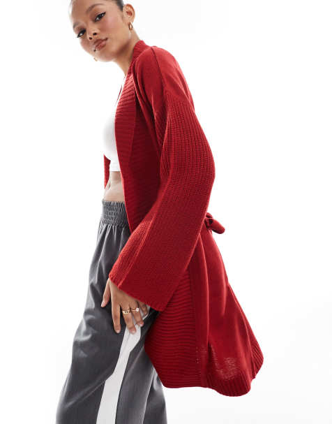 Threadbare tie front shawl collar cardigan in red - view 1