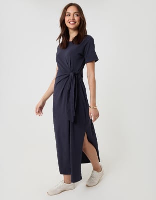 Threadbare Tie Front Side Split Cotton Jersey Midi Dress In Blue