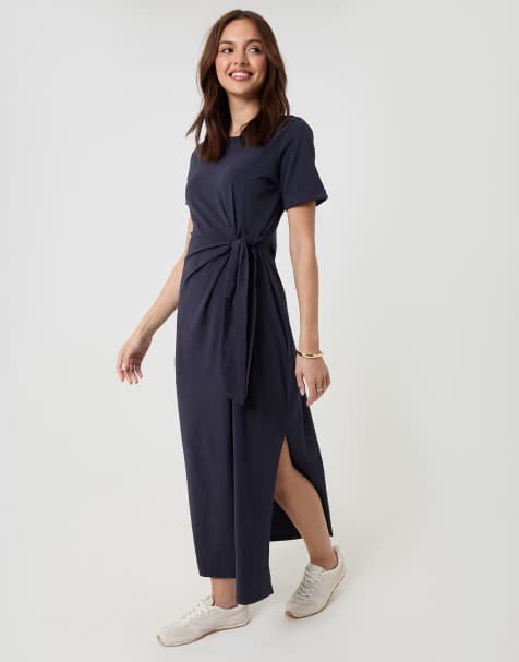 Threadbare Tie front side split cotton jersey midi dress in navy