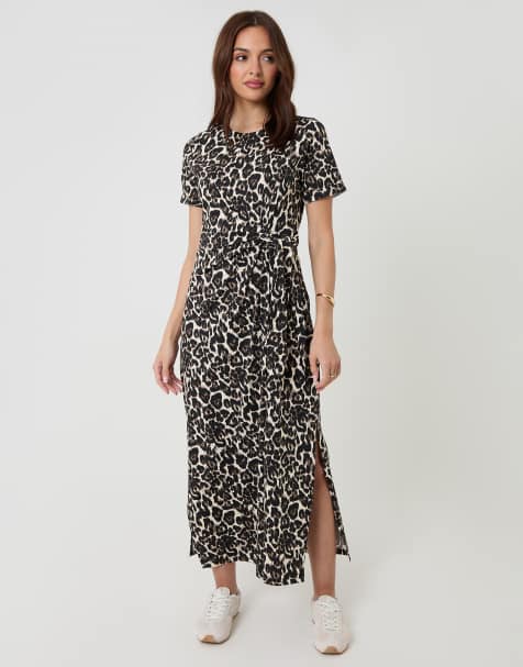 Threadbare Tie front side split cotton jersey midi dress in tan - view 1