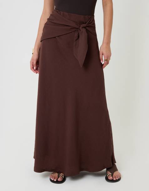 Threadbare Tie sash midi skirt in chocolate