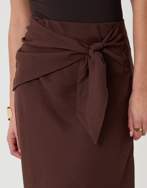 Threadbare Tie sash midi skirt in chocolate, 2 of 4