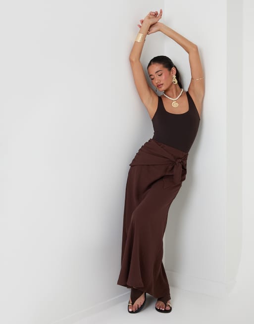 Threadbare Tie sash midi skirt in chocolate, 4 of 4
