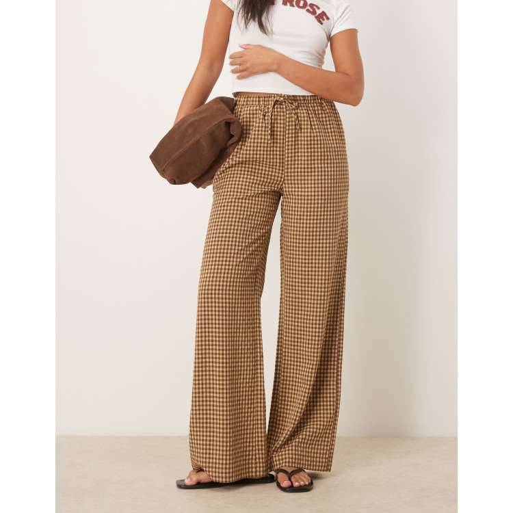 Threadbare tie waist wide leg pants in brown gingham | ASOS display picture 1
