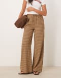 [Threadbare] Threadbare tie waist wide leg pants in brown gingham 8 Chocolate brown