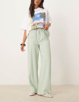 Threadbare Threadbare tie waist wide leg trousers in sage green and white gingham