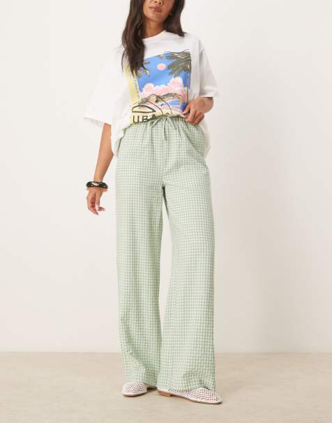 Threadbare tie waist wide leg trousers in sage green and white gingham - view 1