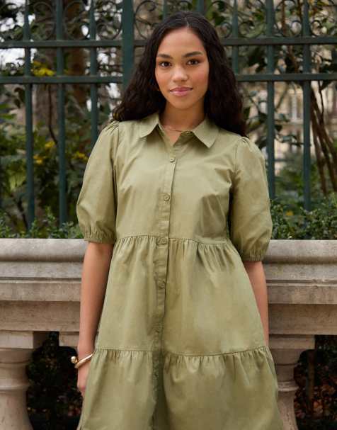Threadbare Tiered cotton poplin button up mini dress in olive - view 1