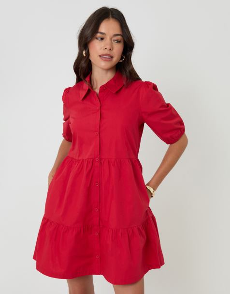 Threadbare Tiered cotton poplin button up mini dress in red - view 1