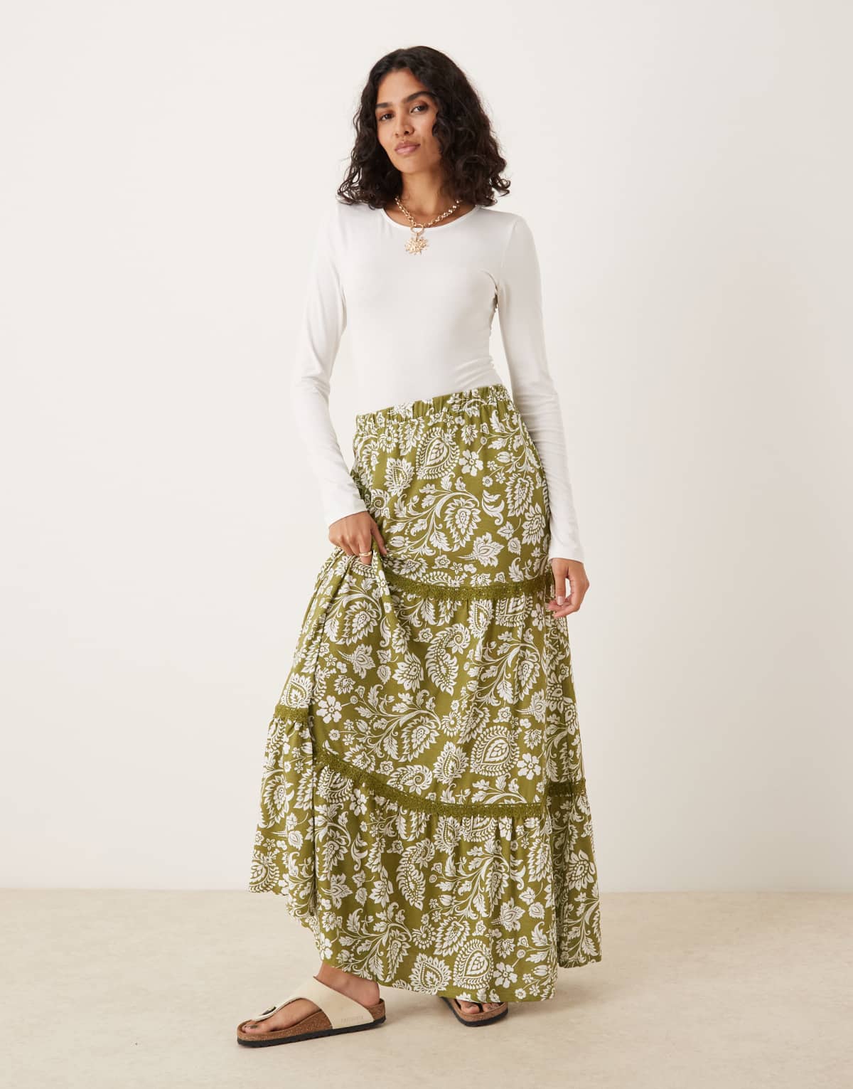 Threadbare Tiered jersey maxi skirt in khaki