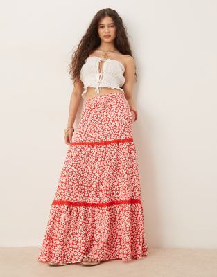Threadbare Tiered jersey maxi skirt in red - view 1