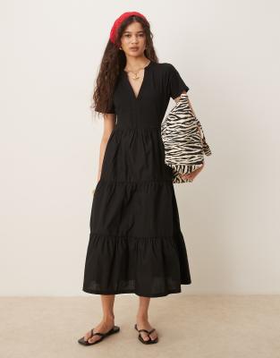 Threadbare Tiered jersey poplin maxi dress in black - view 1