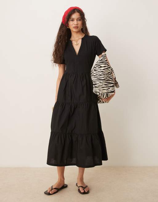 Threadbare Tiered jersey poplin maxi dress in black