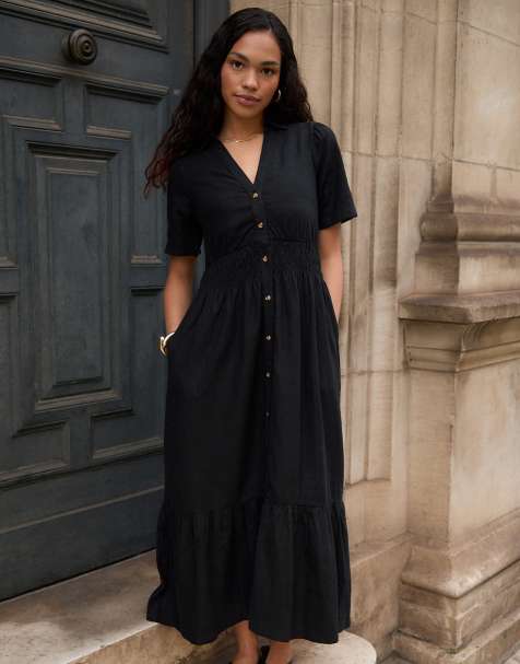 Threadbare Tiered linen blend v neck maxi dress in black - view 1