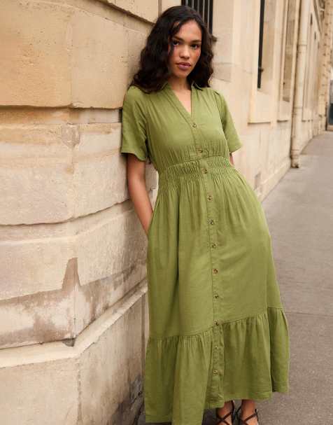 Threadbare Tiered linen blend v neck maxi dress in olive - view 1