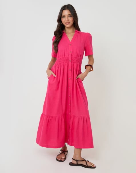 Threadbare Tiered linen blend v neck maxi dress in pink