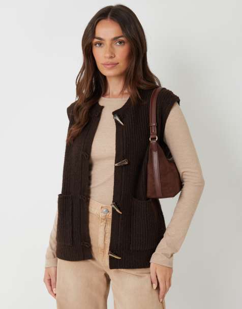Threadbare Toggle detail chunky knit vest in chocolate