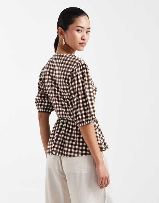 Threadbare - Top à basque en jersey avec manches bouffantes et carreaux vichy - Marron, 3 de 4