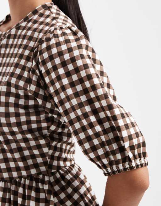 Threadbare - Top à basque en jersey avec manches bouffantes et carreaux vichy - Marron, 4 de 4