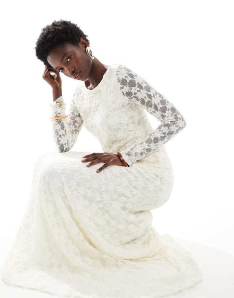 Threadbare - Top a maniche lunghe in pizzo color avorio con fondo asimmetrico in coordinato - view 1