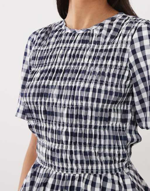 Threadbare - Top arricciato testurizzato blu navy a quadretti con maniche a sbuffo, 4 di 4