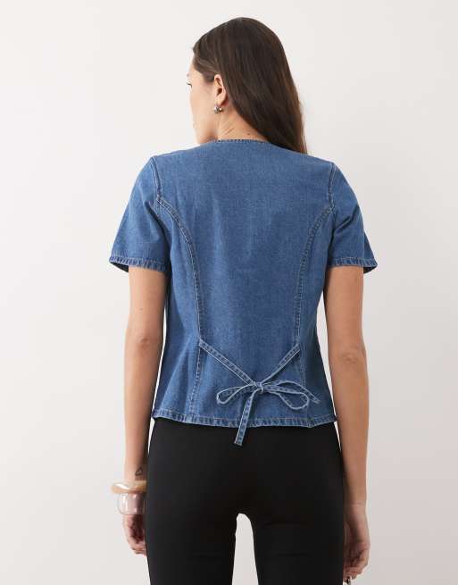 Threadbare - Top boutonné en denim à manches courtes - Bleu moyen délavé, 3 de 4