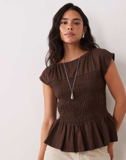 Threadbare - Top froncé en jersey à mancherons - Marron chocolat - view 1