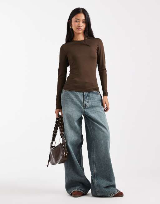 Threadbare - Top in jersey a maniche lunghe marrone cioccolato con scollo rotondo, 4 di 4