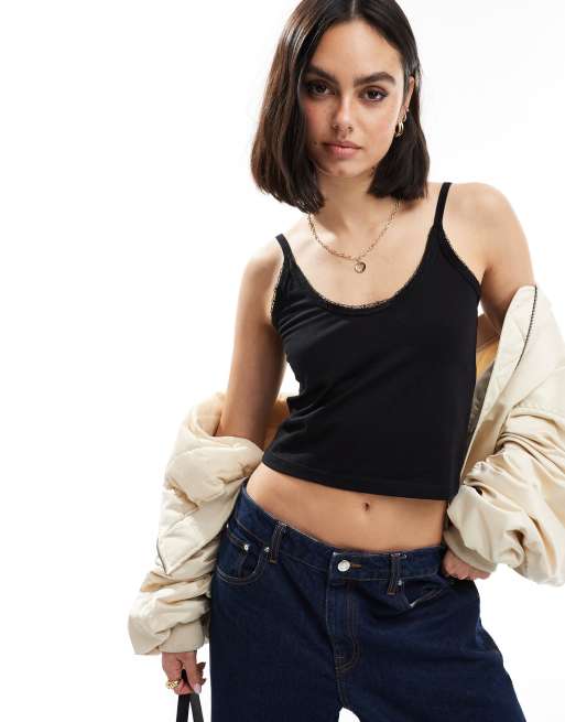 Threadbare - Top nero con spalline con finiture in pizzo