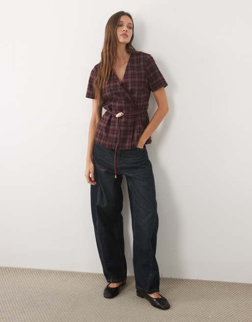 Threadbare - Top sartoriale con cintura bordeaux a quadri, 2 di 4